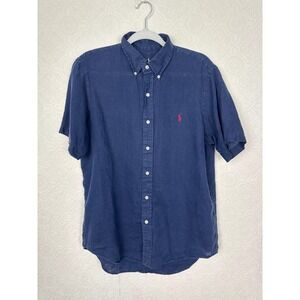 Ralph Lauren Mens Navy Blue 100% Linen Short Sleeve Button Down Shirt Medium